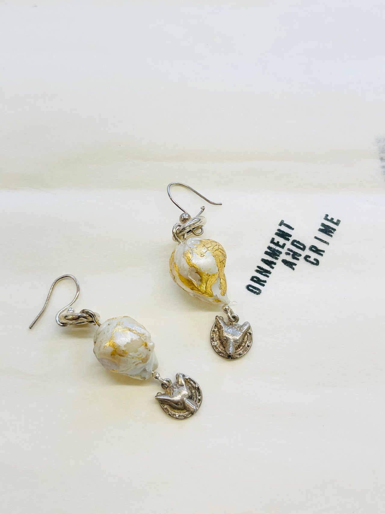 Fox Baroque pearl earring with Gold leaf.