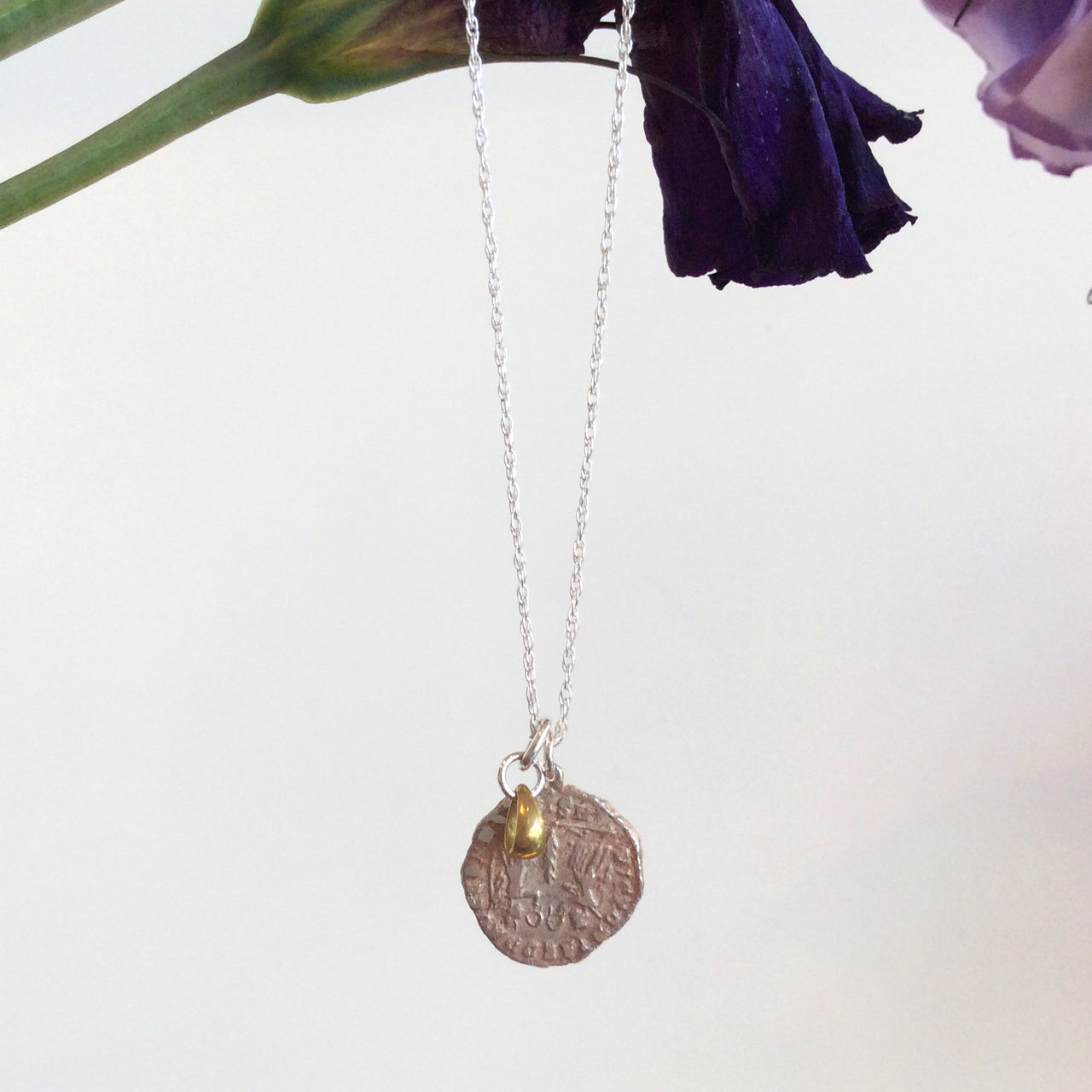 ORNAMENT & CRIME ROMAN COIN NECKLACE W/ DROPLET