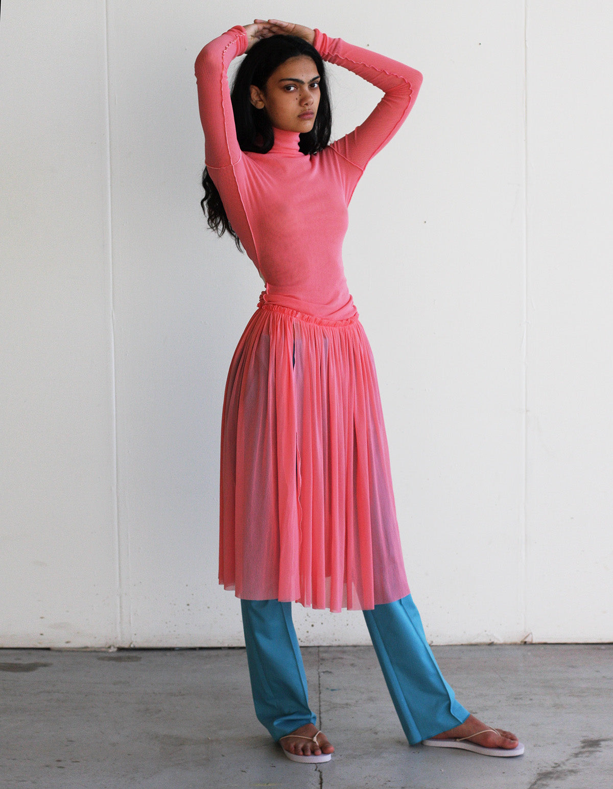 LOOK 6 (PINK ROSAS DRESS & BABYBLUE TAILORED WORKTROUSERS)