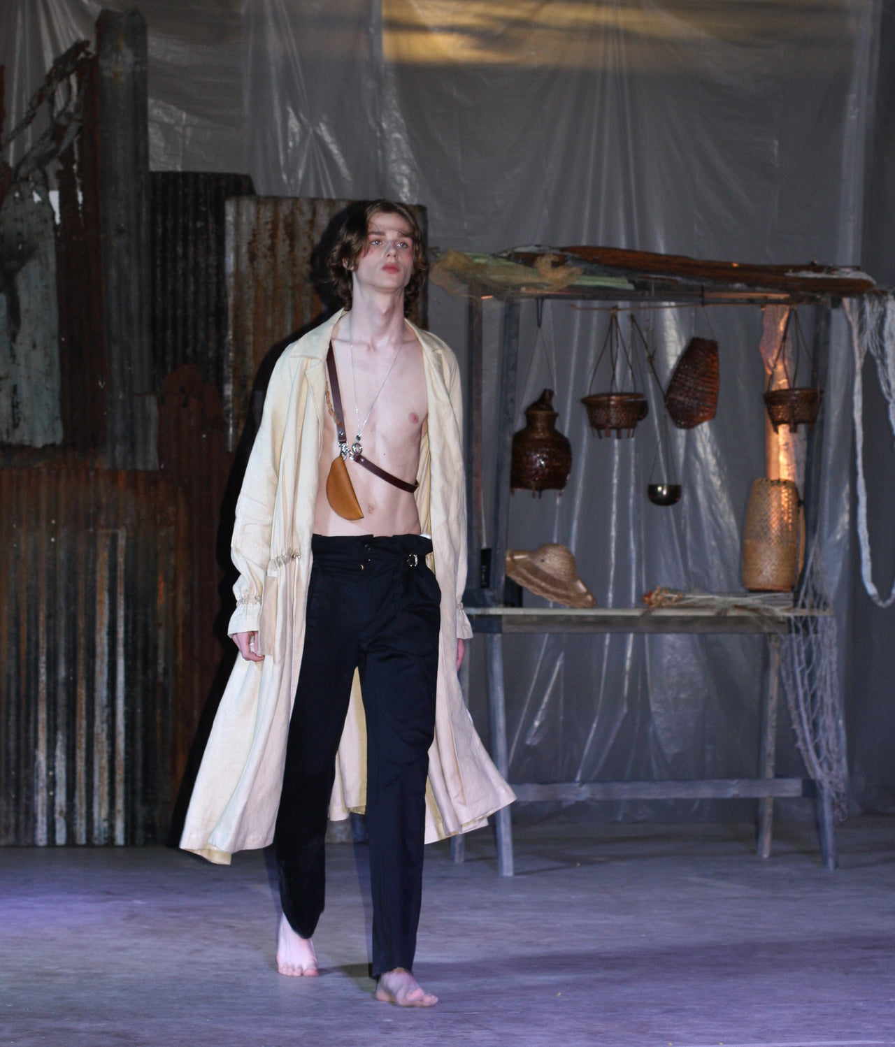 LOOK 2( Linen Trench Coat with Half moon bag & Slit trousers)